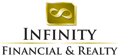 A gold and black logo for infinity financial & realty.